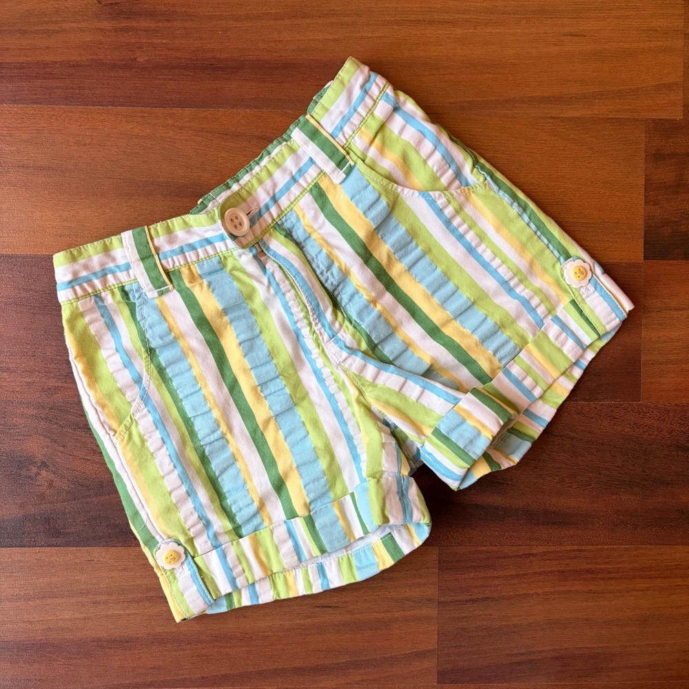 Gymboree Girls Multi Color Striped Shorts Flower Button Green Blue Yellow Size 7